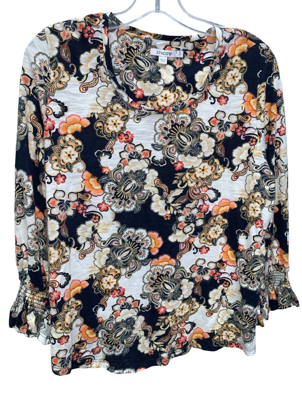 Chico’s Abstract Smoked 3/4 Sleeved Top Black & Orange Floral Size Large